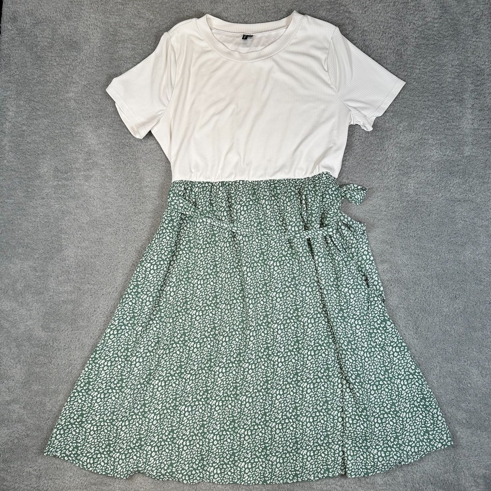 Zattcas Womens Midi Dress Ribbed Top Floral Silky Skirt‎ Short Sleeve Green XXL